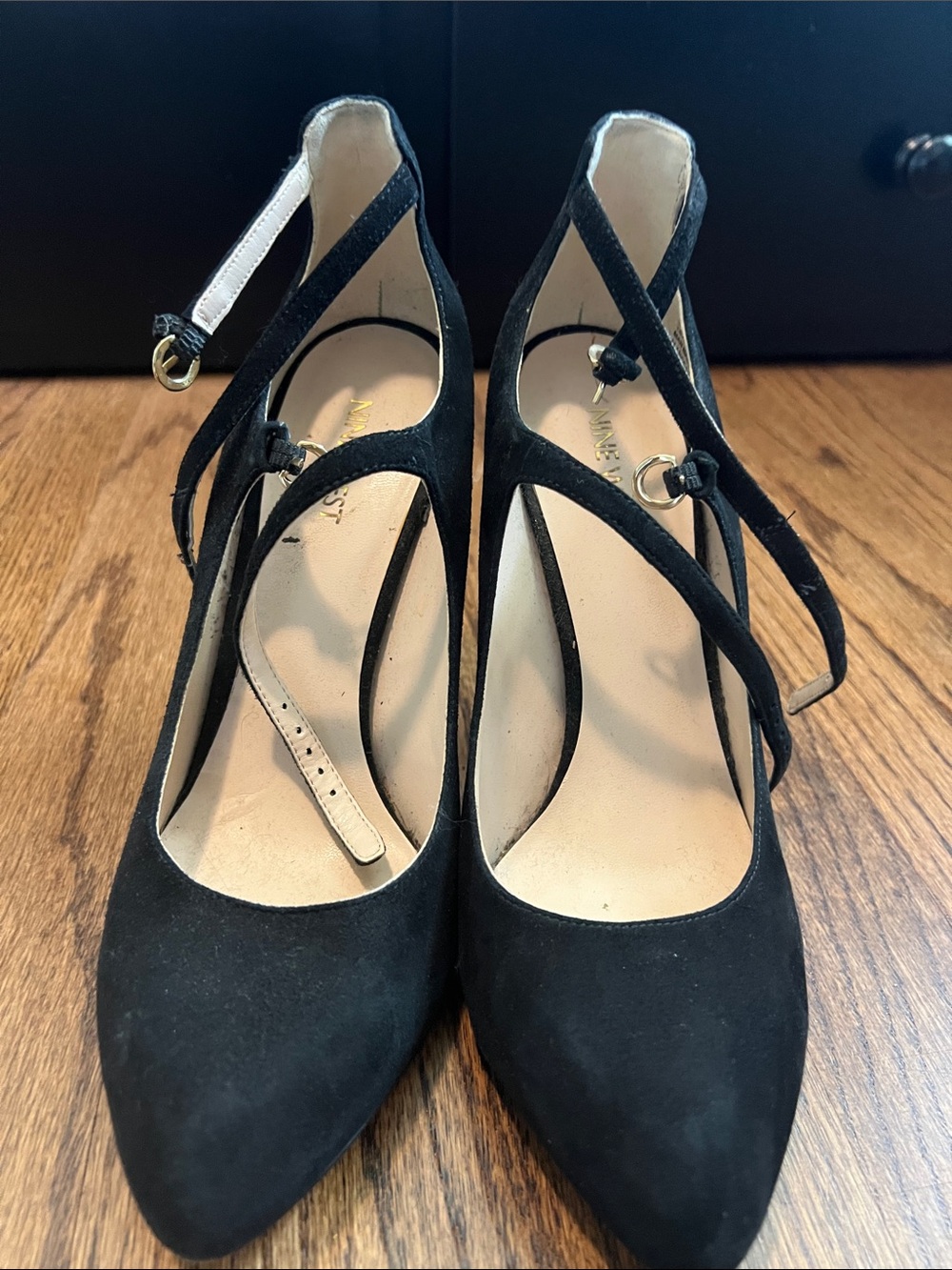 Nine West SZ 9.5 Black Suede Strappy Pointed Toe Pumps - Women